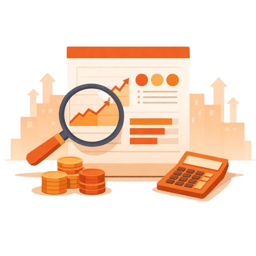 Illustration representing insurance advisory services with policy documents, calculator, charts, and coins