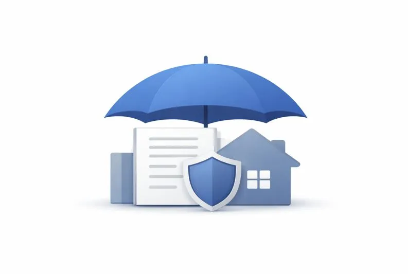 Illustration showing an umbrella and shield protecting a home and insurance document, representing financial protection and coverage.