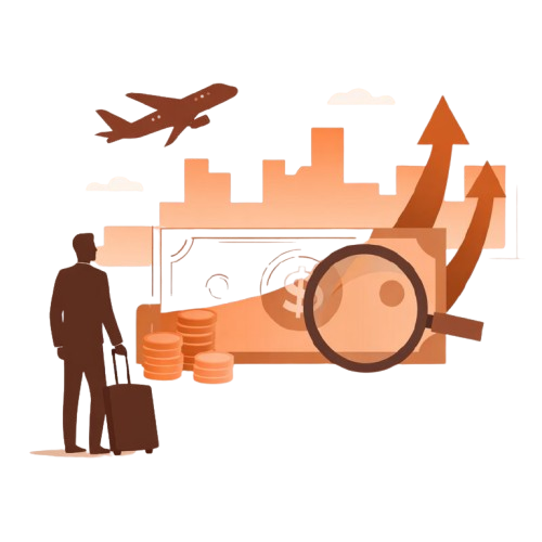 Illustration depicting NRI insurance assistance with financial documents, magnifying glass, and oversight symbols