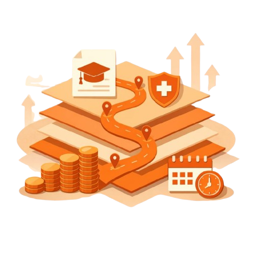 Illustration showing structured insurance solutions with documents, calendar, calculator, and financial elements